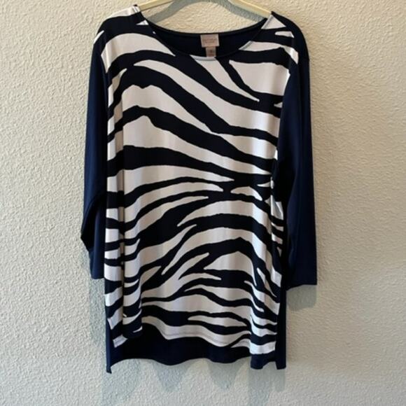 Easywear by Chicos Navy & White Zebra Stripe 3/4 Sleeve Tunic Top Sz 3 - Picture 1 of 11
